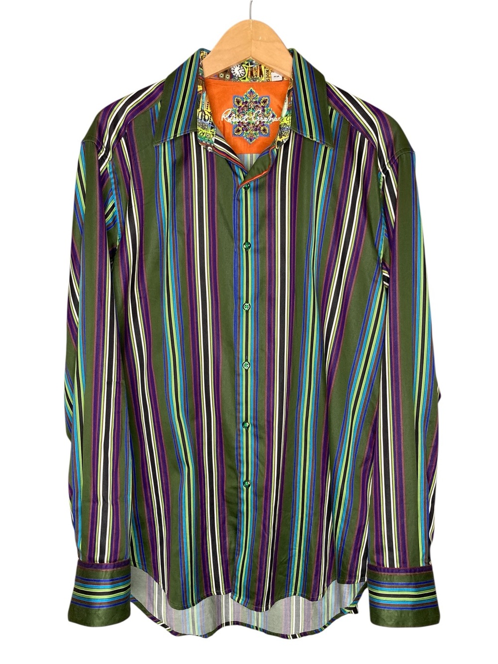 Robert Graham Cotton Stripe Button Up Shirt Flip Cuffs Green Purple Men's Medium